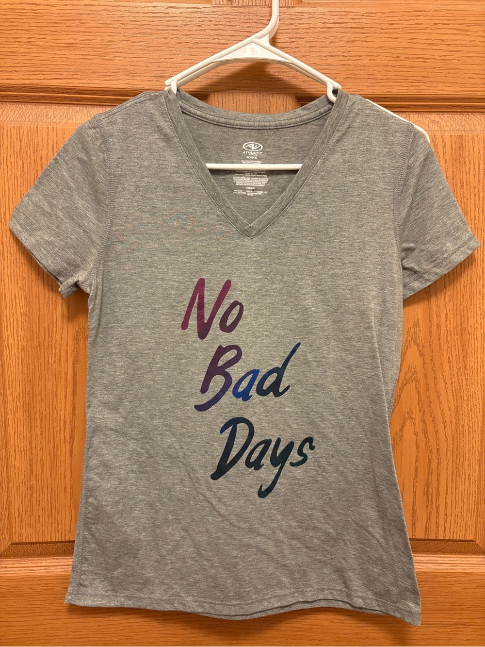 Athletic Works Gray V-Neck Tee with Purple and Blue Script